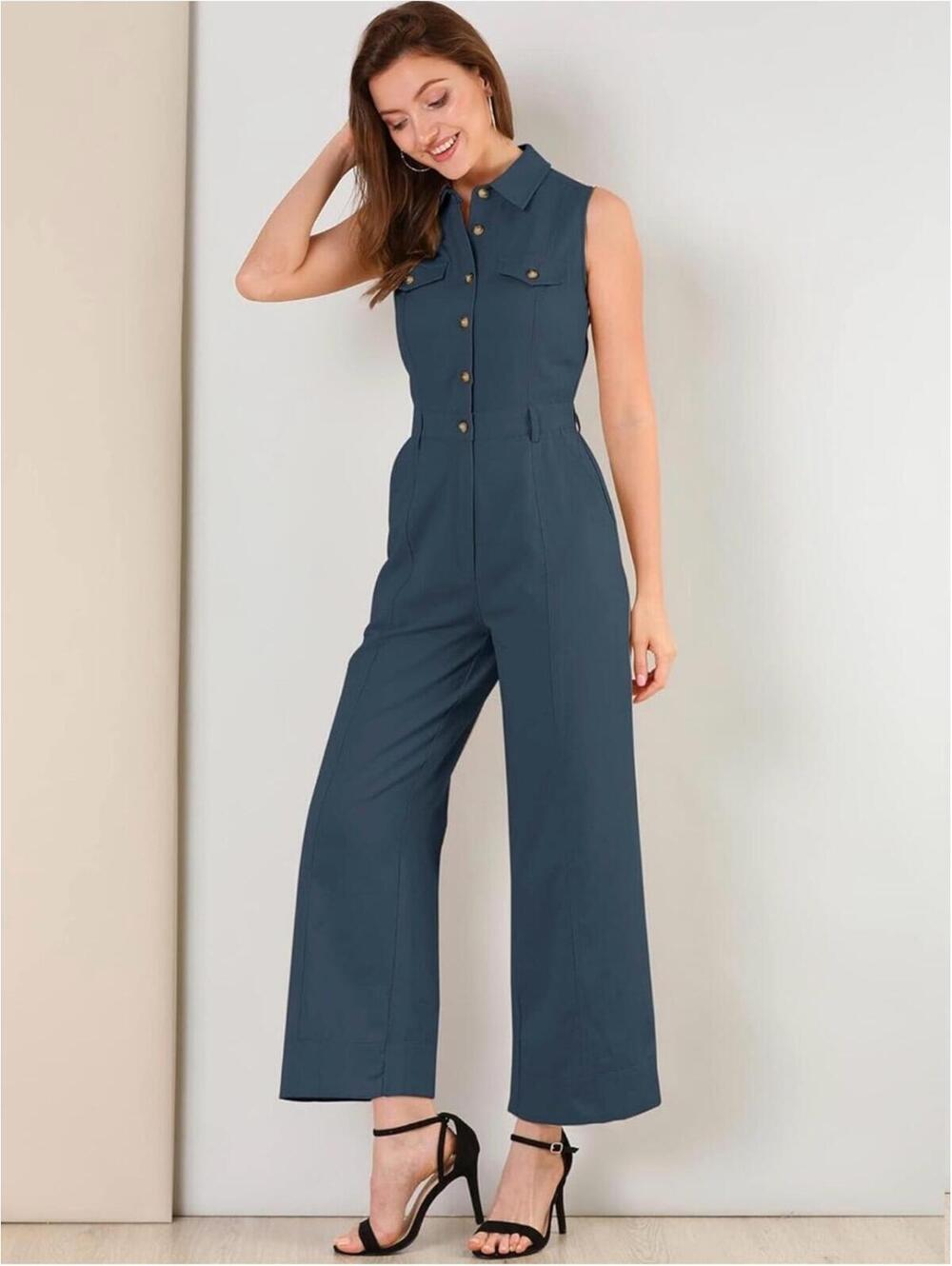 Allegra K Sleeveless Button-Front Wide-Leg Jumpsuit in Slate Blue